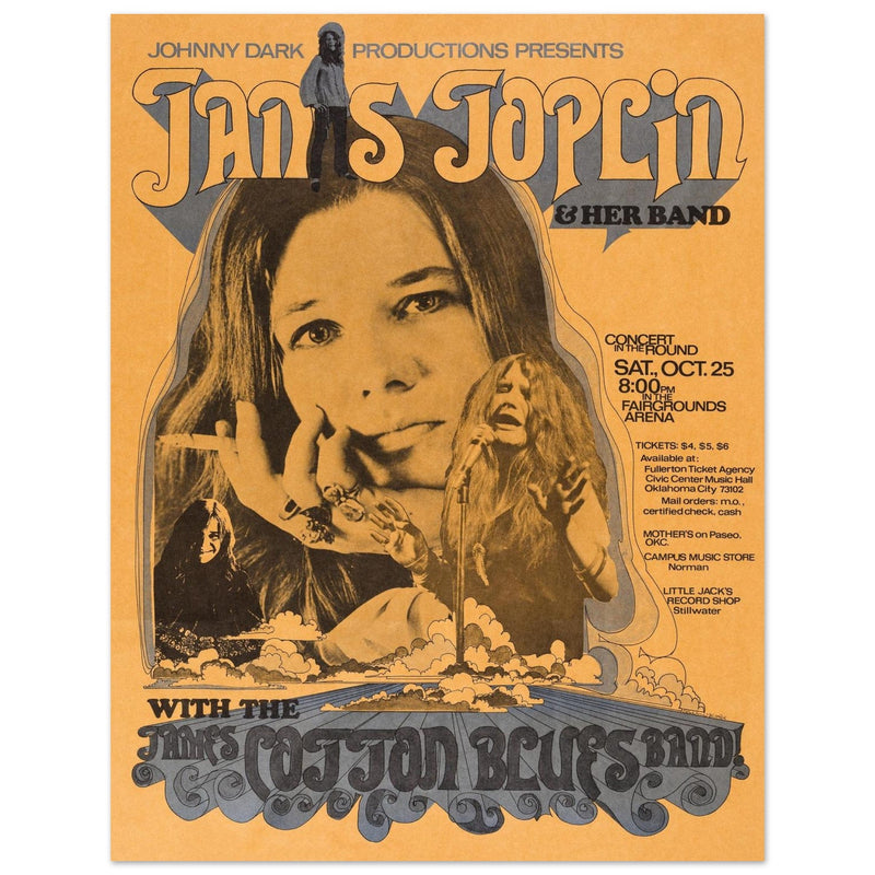 Janis Joplin music vintage concert poster . Performance in Oklahoma City 1969 with James Cotton Blues band