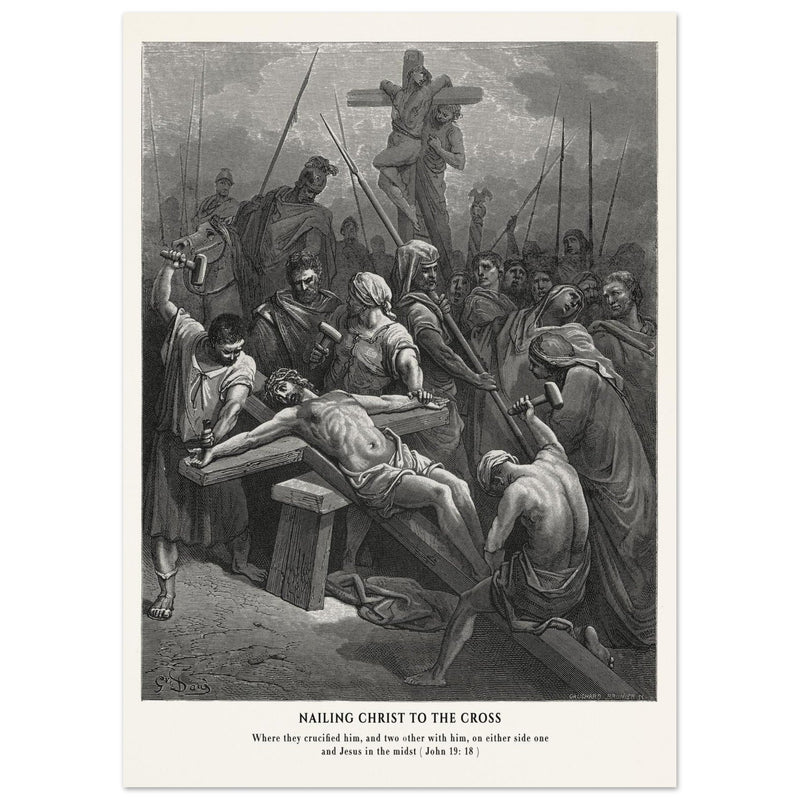 Gustave Dore The Bible engraving print . Nailing Christ to the cross illustration .