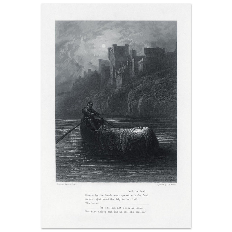 Gustave Dore illustration .The Body of Elaine on its way to King Arthur's Palace. Idylls of the King by Alfred Tennyson.
