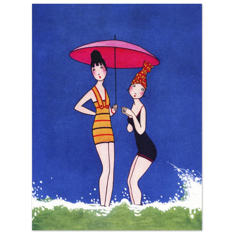 Anne Harriet Fish illustration for a cover magazine. Two women in bathing suit at the beach.