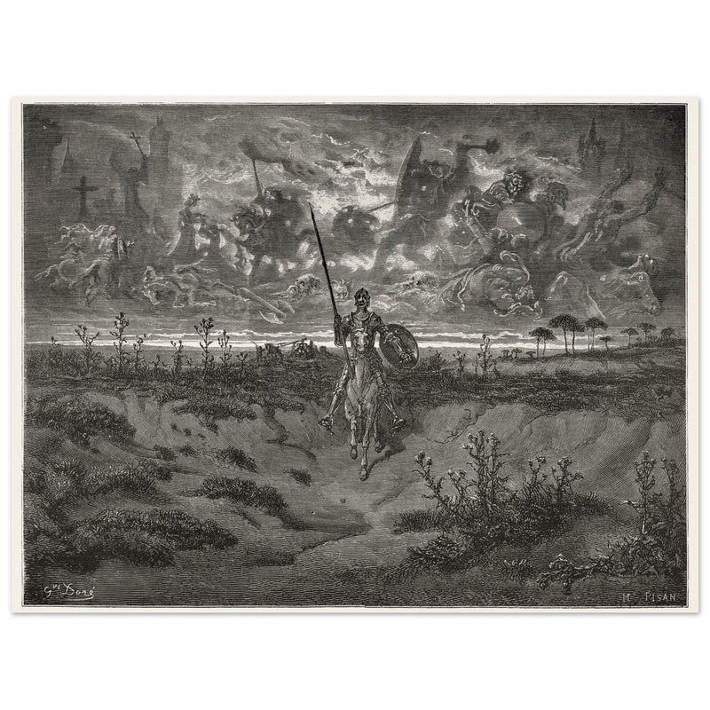 Don Quixote riding his horse by Gustave Dore dreaming of a life full of adventures.