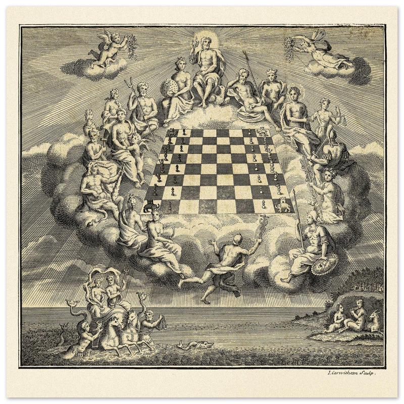 Gods of Olympus Surrounding a Chess Board by John Carwitham .