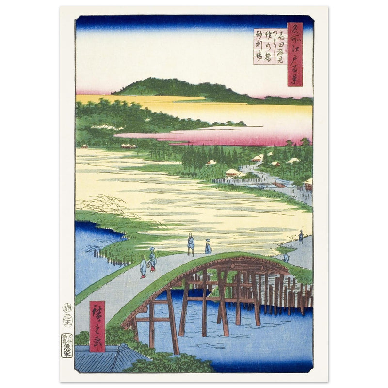 Sugatami Bridge, Omokage Bridge and the Gravel Pit at Takata by Utagawa Hiroshige, japanese woodblock  artist