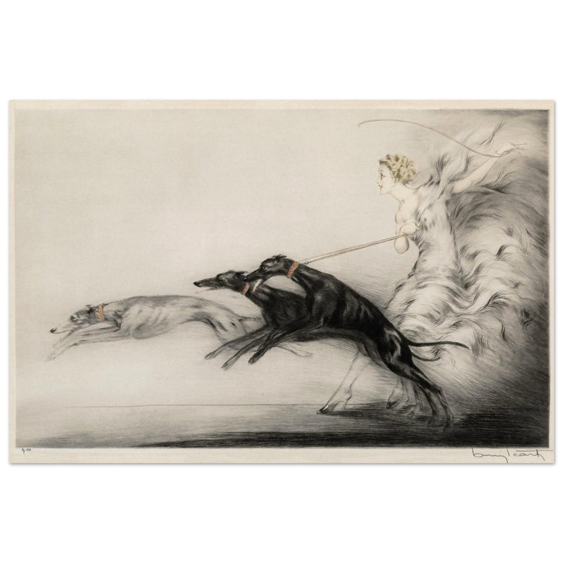 Louis Icart Speed 1927 Woman with greyhound dogs on the leash.