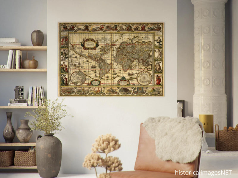 Ancient world map print by Willem Janszoon. Poster of antique vintage old map of 1647.