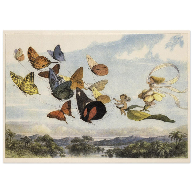 Richard Doyle illustration for Fairyland. The Fairy Queen in her carriage driven by butterflies.
