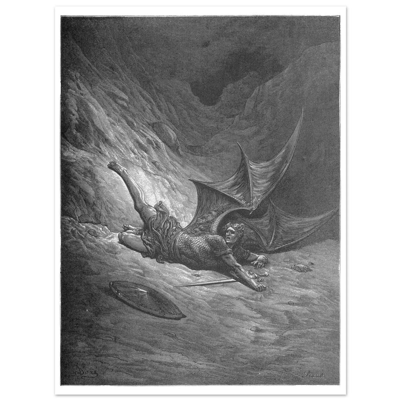 Gustave Dore Paradise Lost engraving . Satan wounded in battle experiences pain for the first time.