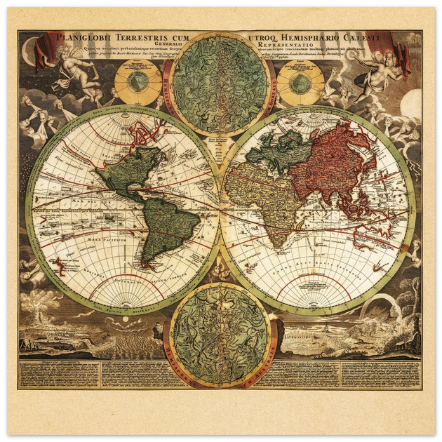 Ancient world map print. Vintage poster reproduction of world globe. Double hemisphere print