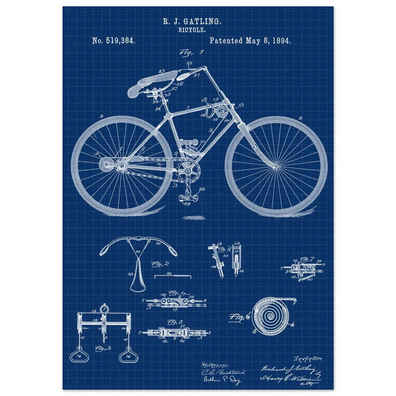 Vintage bicycle patent by Richard J Gatling 1894