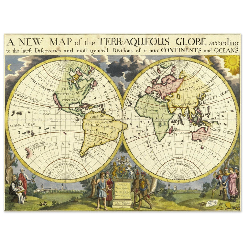 Ancient vintage world map by Edward Wells. Double hemisphere cartography.
