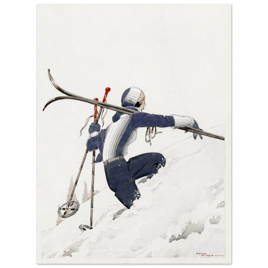 Skieuse a pied dans la neige by René Vincent. Female skier illustration.