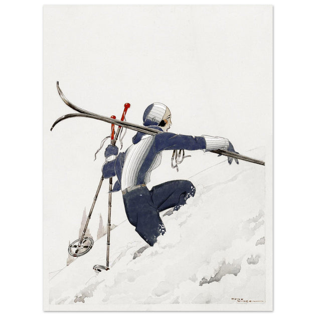 Skieuse a pied dans la neige by René Vincent. Female skier illustration.