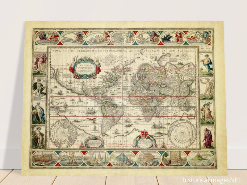 Ancient old world map 1638. Noua totius terrarum orbis geographica ac hydrographica tabula by Willem Janszoon Blaeu