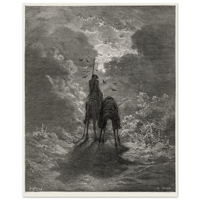 Don Quixote riding with Sancho Panza illustration by Gustave Dore.