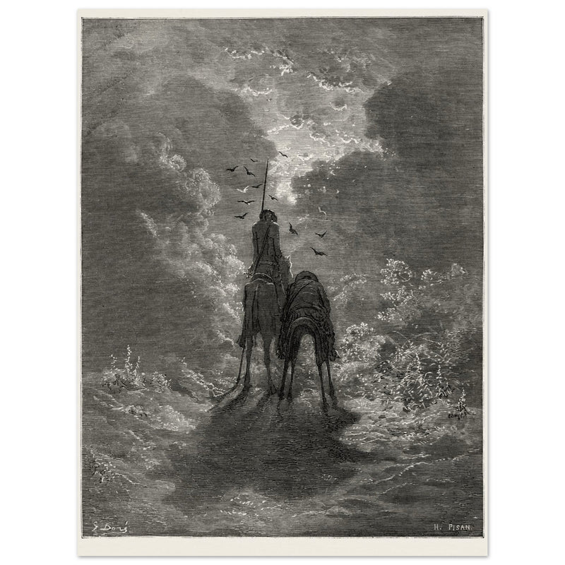Don Quixote riding with Sancho Panza illustration by Gustave Dore.