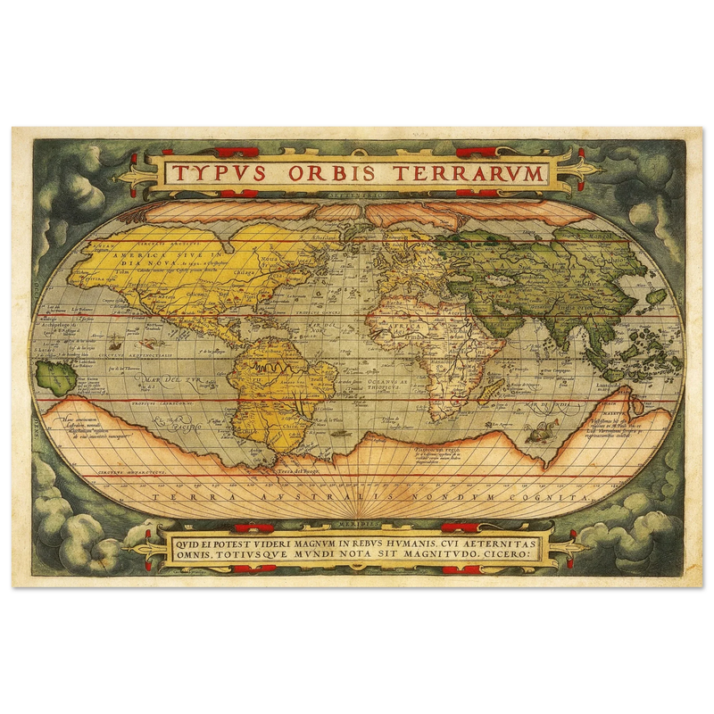 Ancient map reproduction print of a world map of 1579 Typus Orbis Terrarum by Abraham Ortelius.