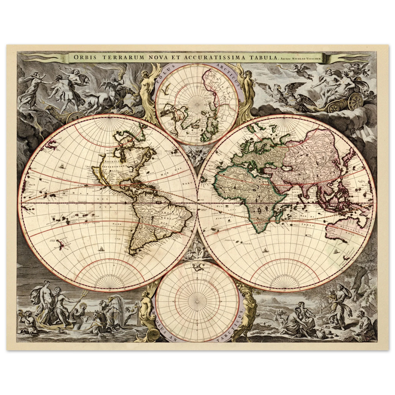 Antique world map print reproduction of the XVII Century. Orbis terrarum nova by Nicolaes Visscher II