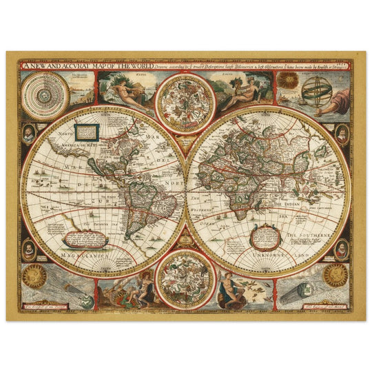 Ancient world map. Beautiful illustrated double sphere cartography of the XVIII Century by Frederick de Wit