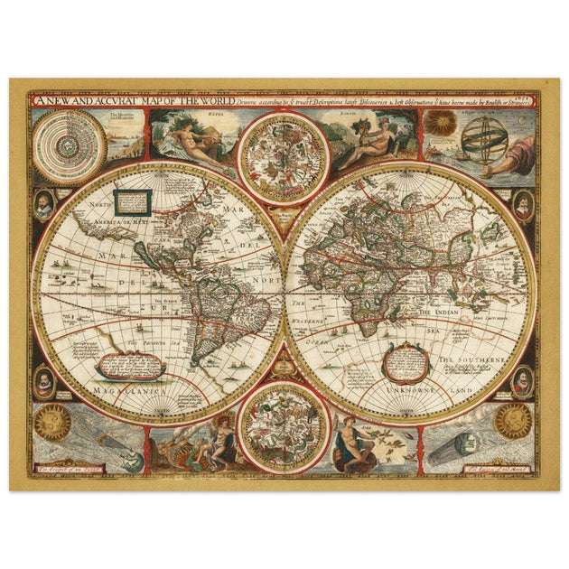 Ancient world map. Beautiful illustrated double sphere cartography of the XVIII Century by Frederick de Wit
