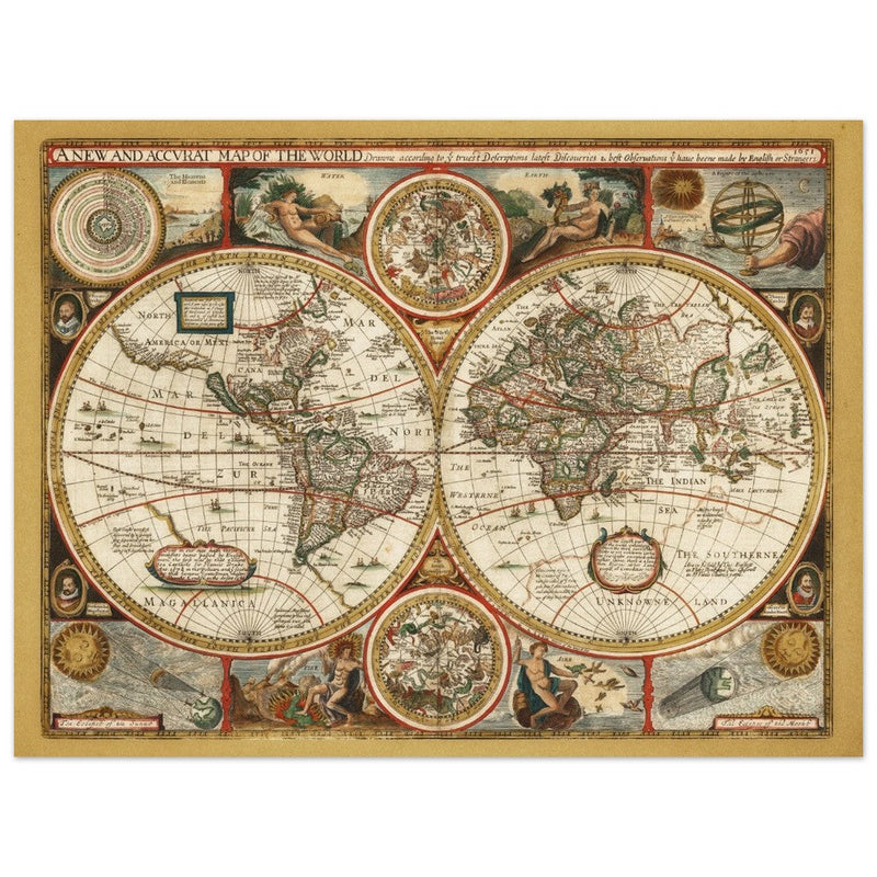 Ancient world map. Beautiful illustrated double sphere cartography of the XVIII Century by Frederick de Wit