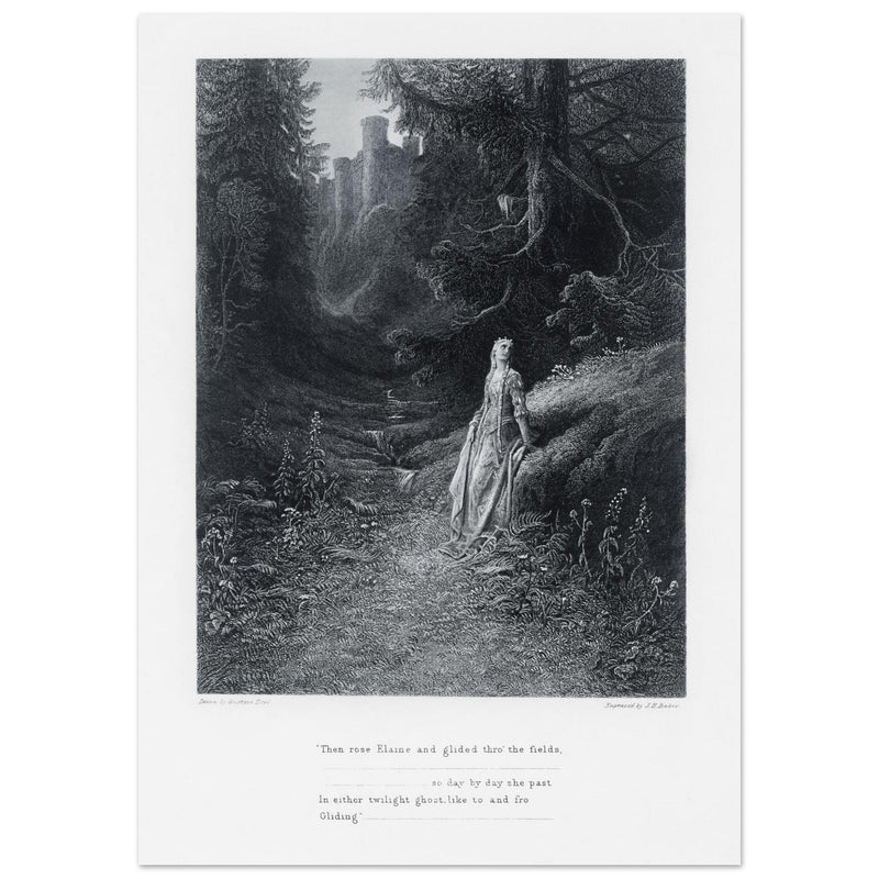 Gustave Dore illustration of King Arthur legend .Elaine on her Road to the Cave of Lancelot. book Idylls of the King by Alfred Tennyson