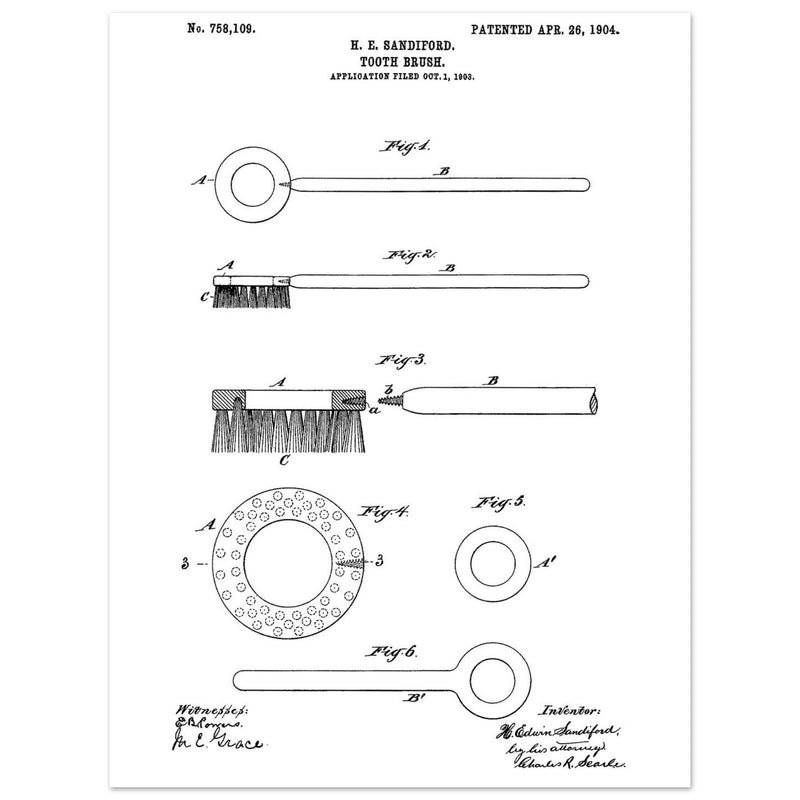 Toothbrush patent illustration by H E Sandiford.