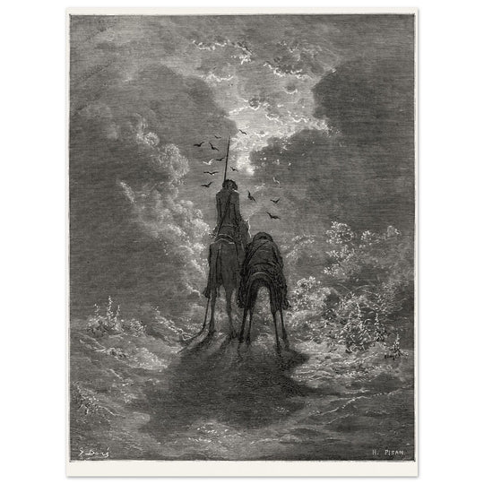 Don Quixote riding with Sancho Panza illustration by Gustave Dore.