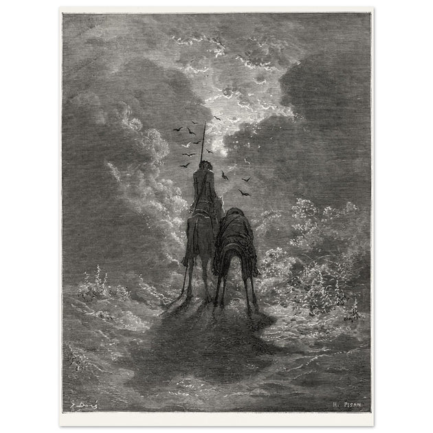 Don Quixote riding with Sancho Panza illustration by Gustave Dore.