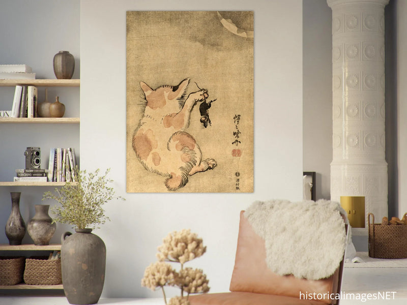 Cat with mouse poster reproduction  Creator: Kawanabe Kyosai  1870