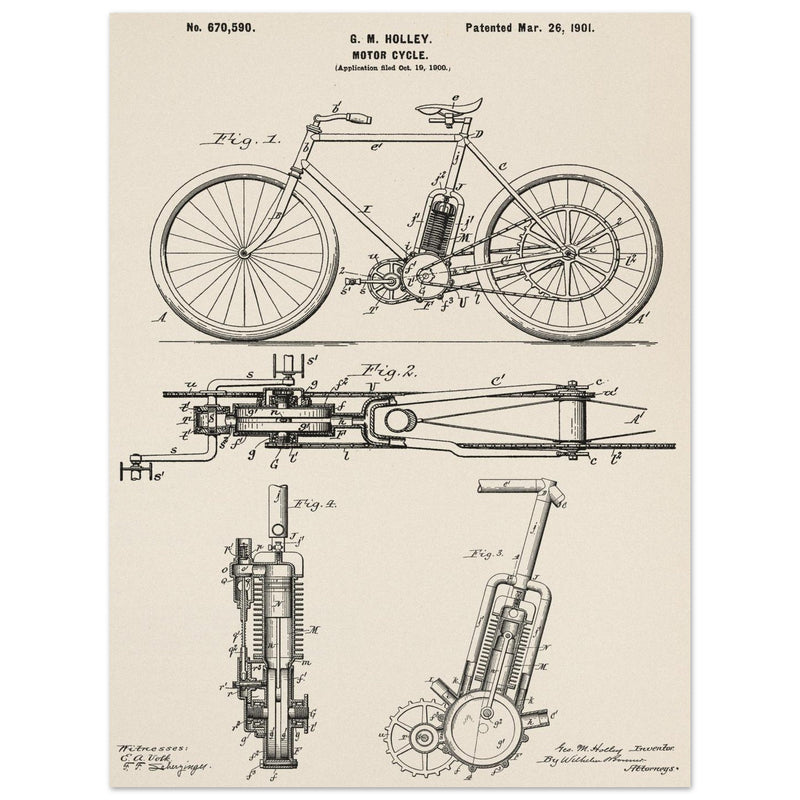 vintage motorcycle patent by G. M Holley.