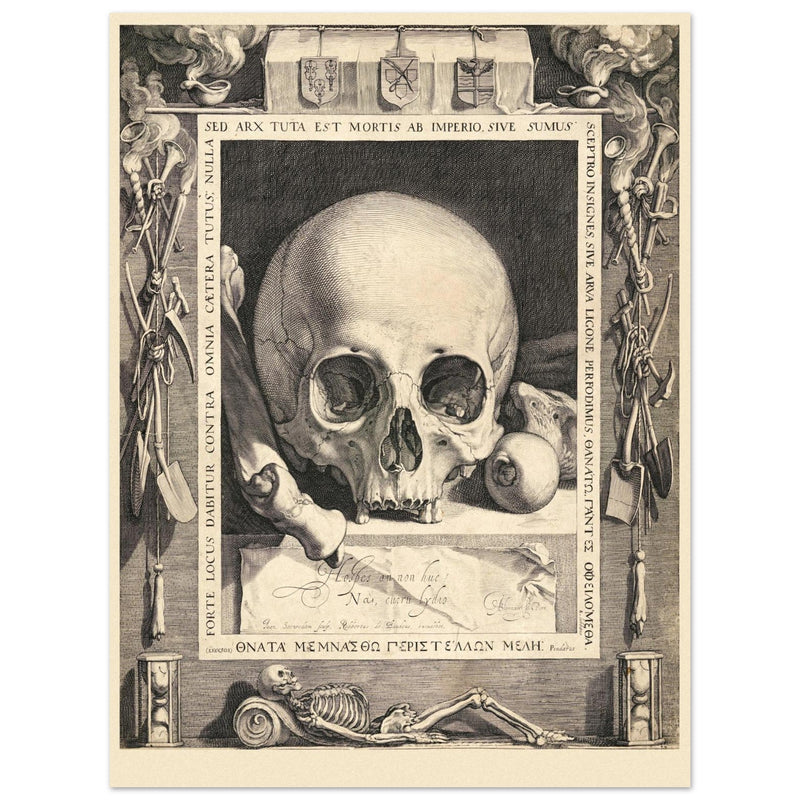 Memento Mori by Jan Saenredam, Abraham Bloemaertca.  Historical engraving .