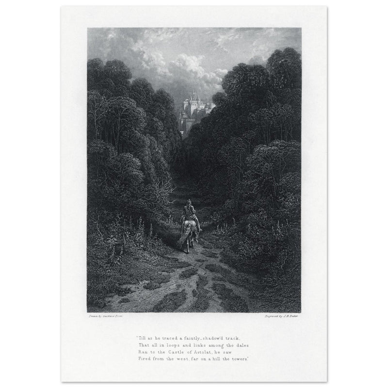 Gustave Dore illustration of King Arthur legend .Lancelot approaching the Castle of Astolat, Idylls of the King by Alfred Tennyson.