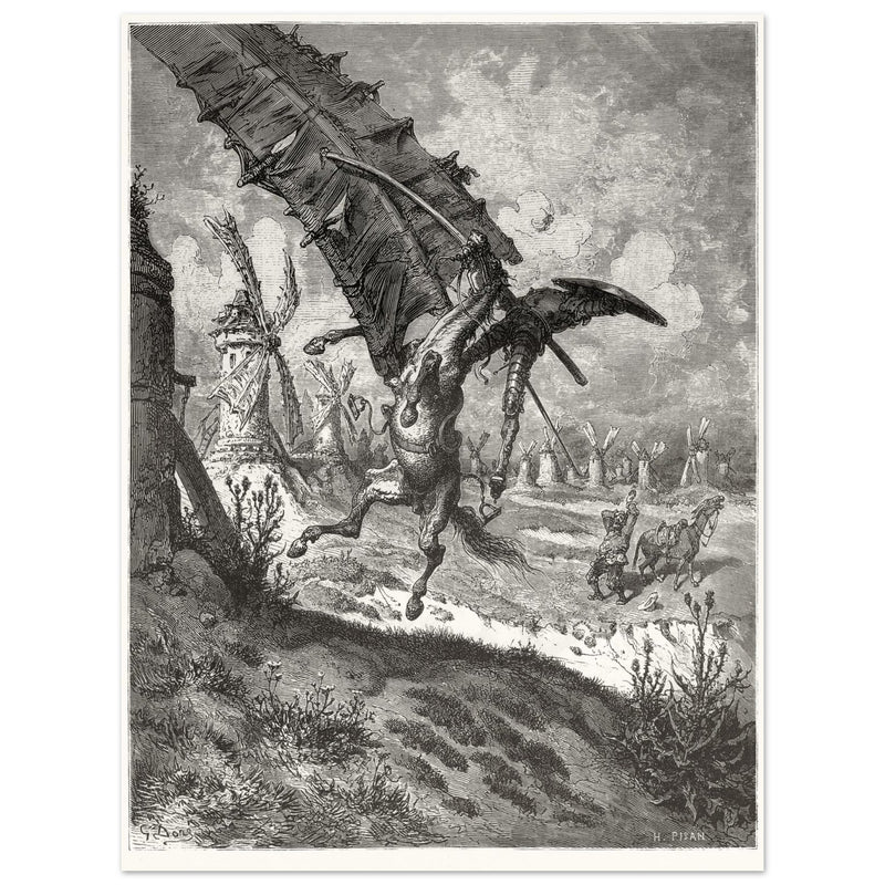 Don Quixote illustration by Gustave Dore. Fight with the wind mills .