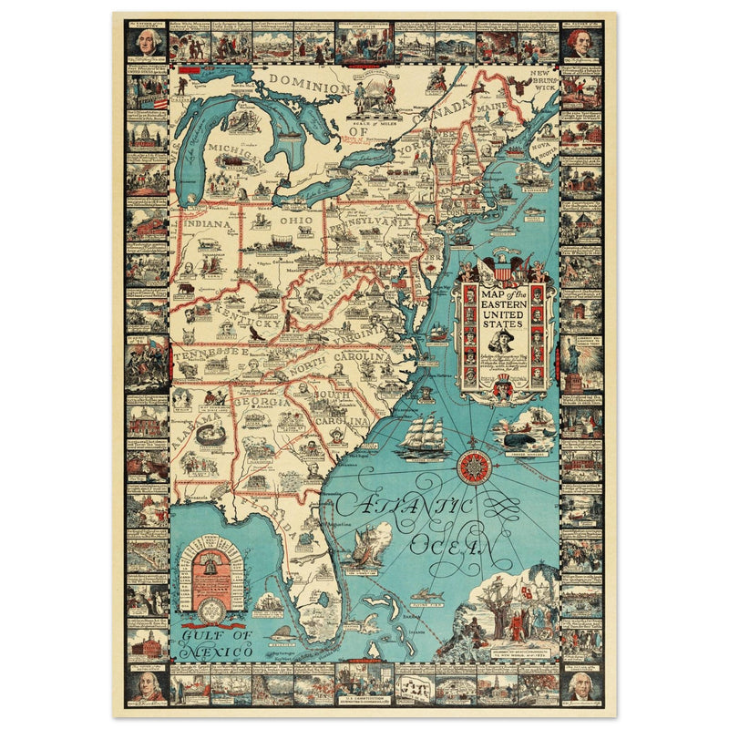 Vintage pictorical map of Map of the Eastern United States by Griswold Tyng. History of the USA.