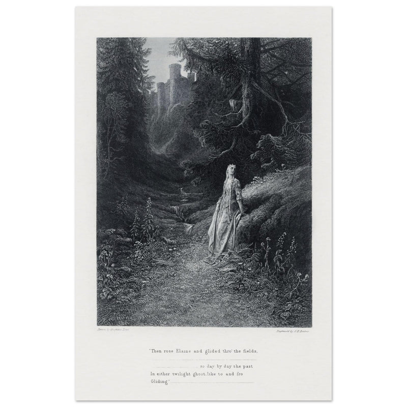 Gustave Dore illustration of King Arthur legend .Elaine on her Road to the Cave of Lancelot. book Idylls of the King by Alfred Tennyson