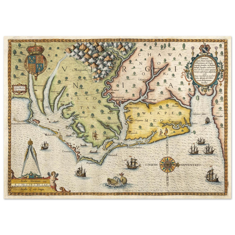 Ancient map of Virginia by Theodor de Bry XVI Century.