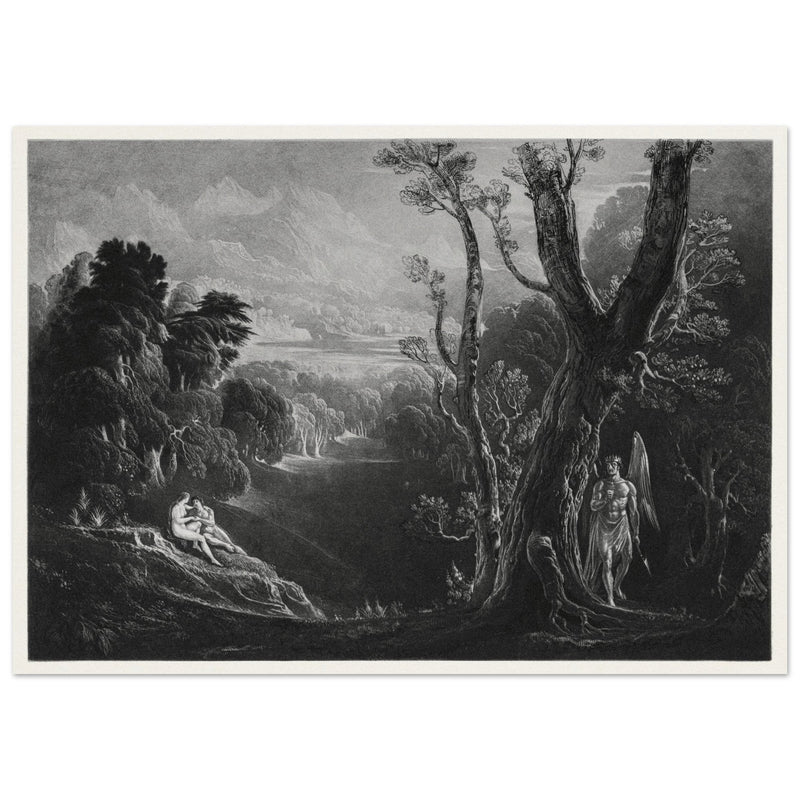 John Martin mezzotint engraving . Satan Contemplating Adam and Eve in Paradise. Paradise Lost by Milton.