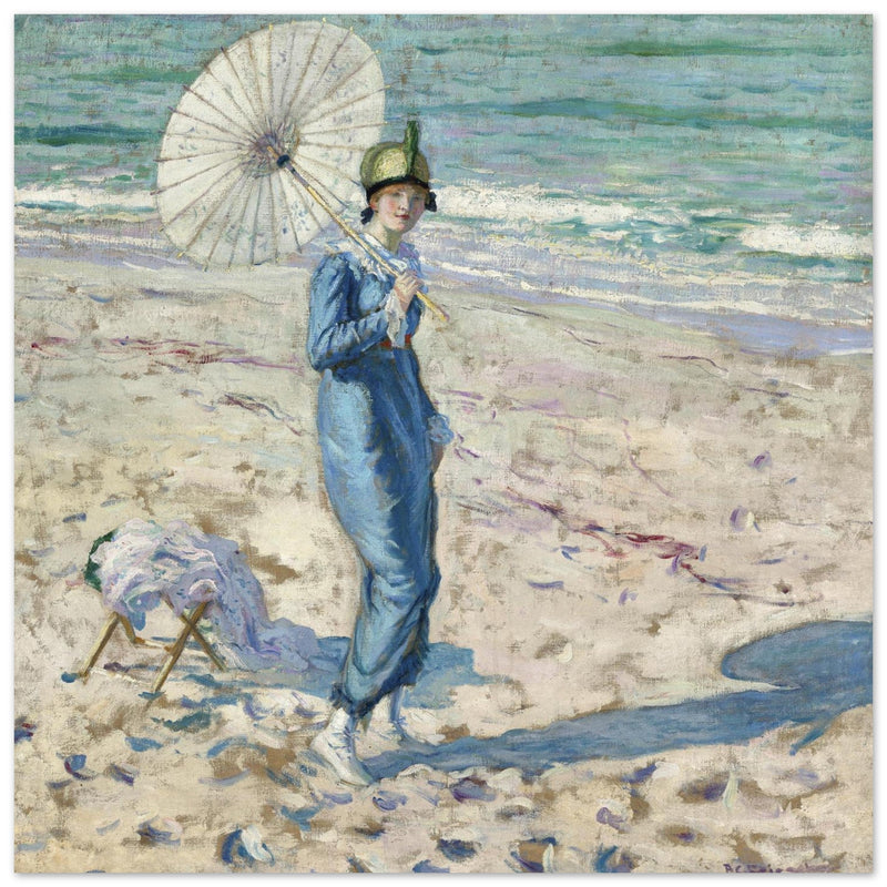 On the Beach Girl in Blue antique painting reproduction by Frederick Carl Frieseke