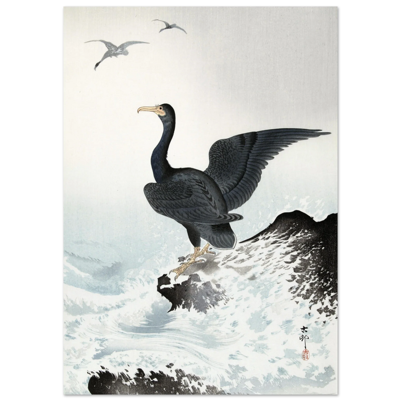Ohara Koson Red-faced cormorant on rock, woodblock print  art