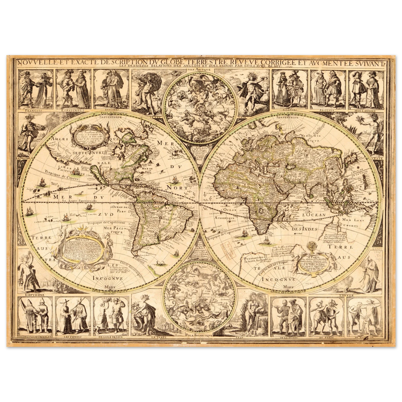 World map. Nouvelle et Exacte Description du Globe Terrestre Reveue Corrigee et Augmentee ... by Guillaume Blaeu