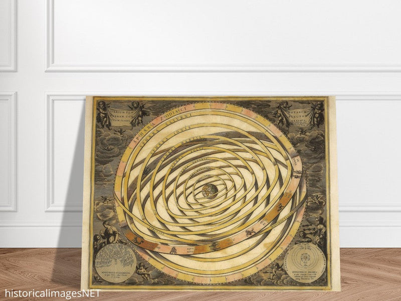 Solar System print. Orbium planetarum terram complectentium scenographia by Gerard Valck and Pieter Schenk