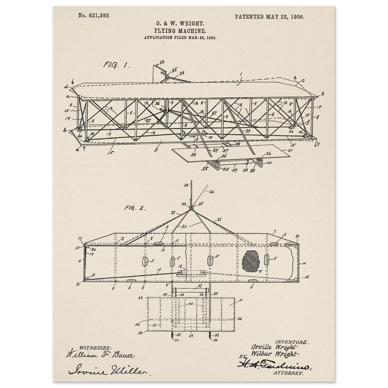 Flying machine patent 1906 by the Wright brothers. Vintage airplane.