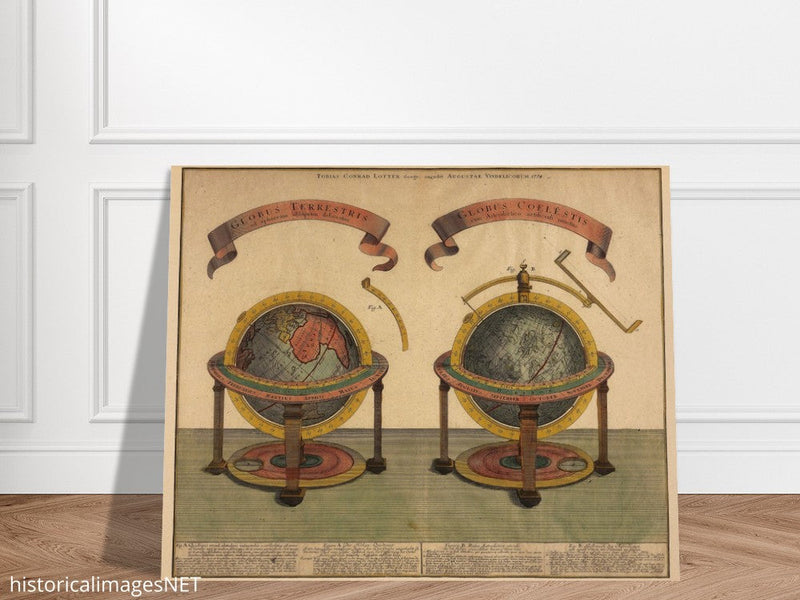 Antique globe spheres.  art print of two ancient planet earth and celestial globes. 1774