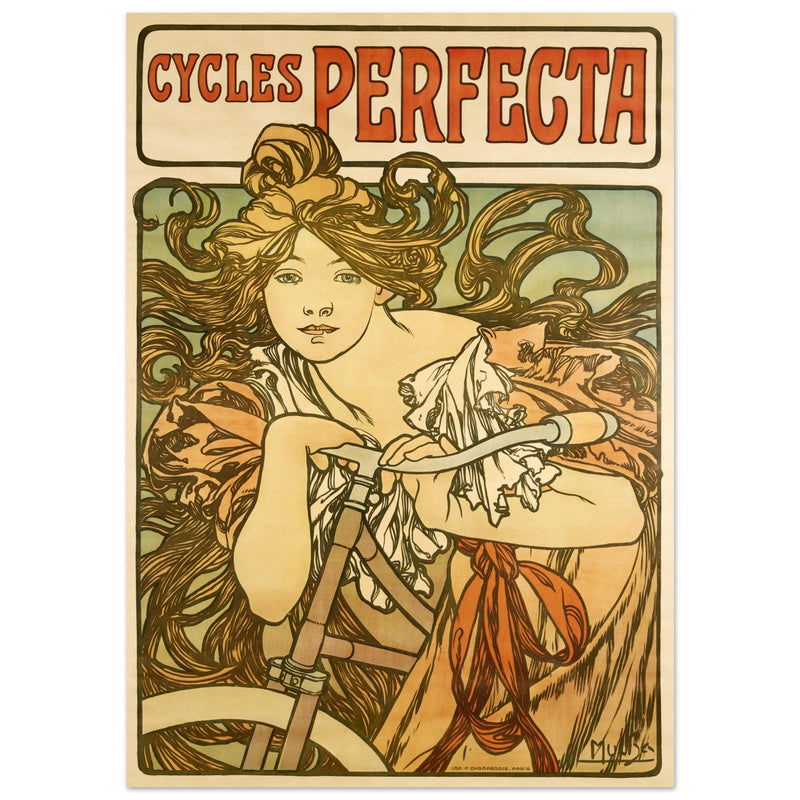 Alphonse Mucha print Cycles Perfecta. Art Nouveau bicycle advertising poster.
