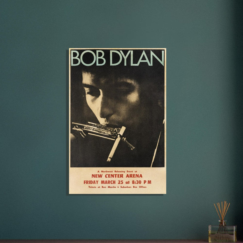 Bob Dylan poster reproduction.  of the poster that announced Bob Dylan playing at the New Center Arena.