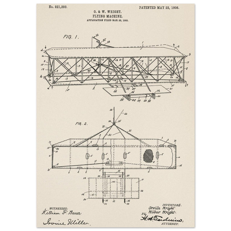 Flying machine patent 1906 by the Wright brothers. Vintage airplane.