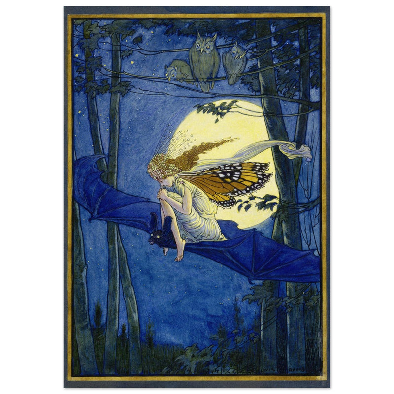 Ariel on a bat's back illustration by Louis Rhead