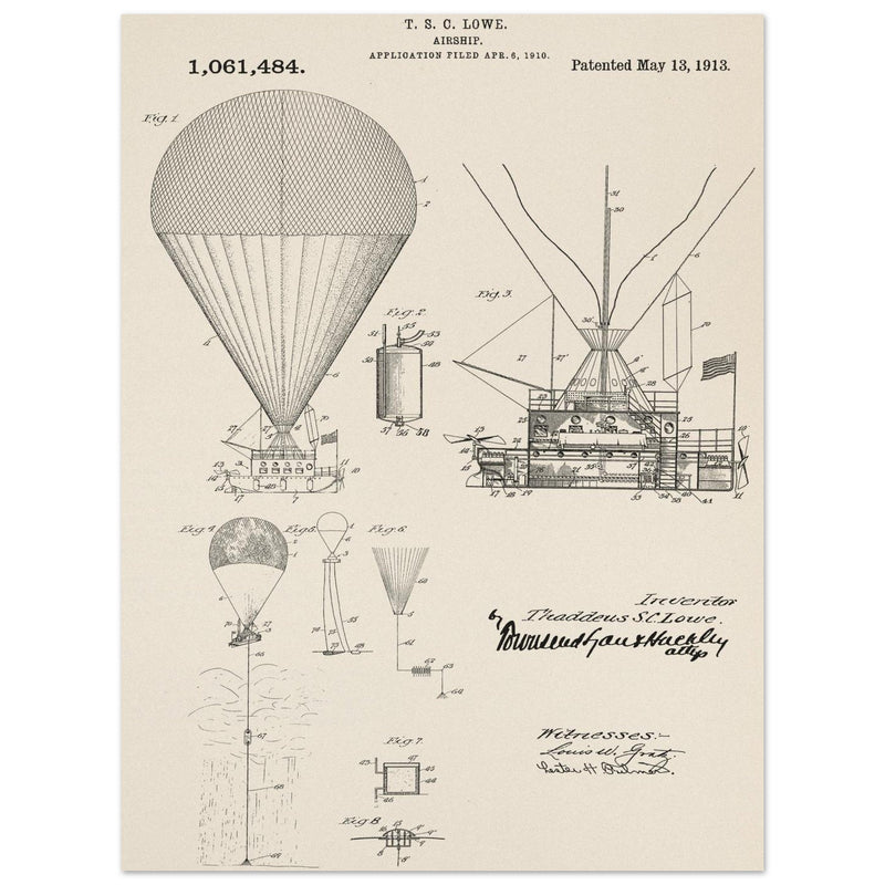 Airship patent illustration by T S C Lowe. Air Balloon