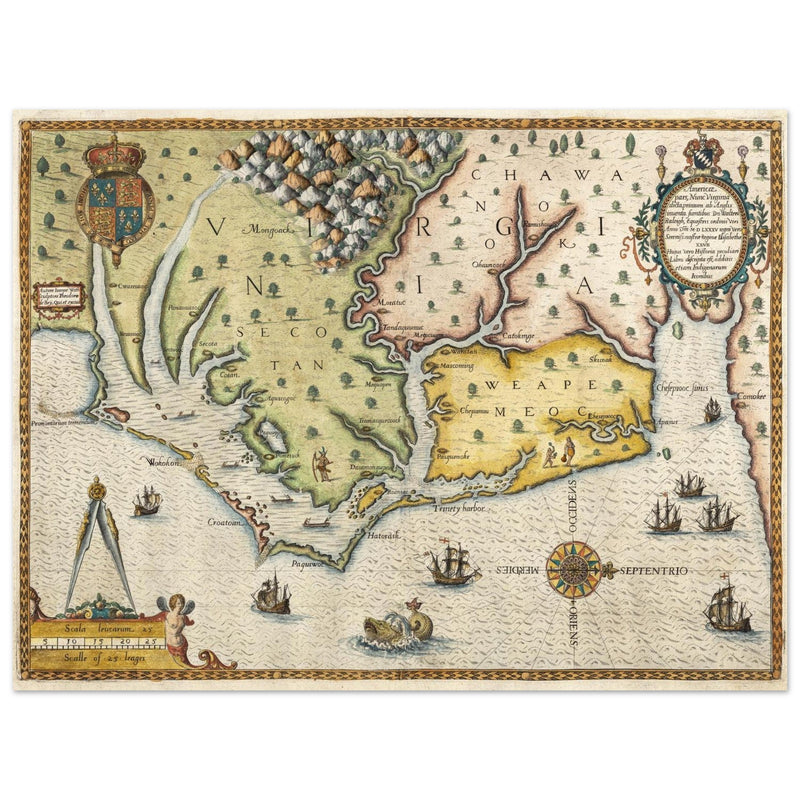Ancient map of Virginia by Theodor de Bry XVI Century.