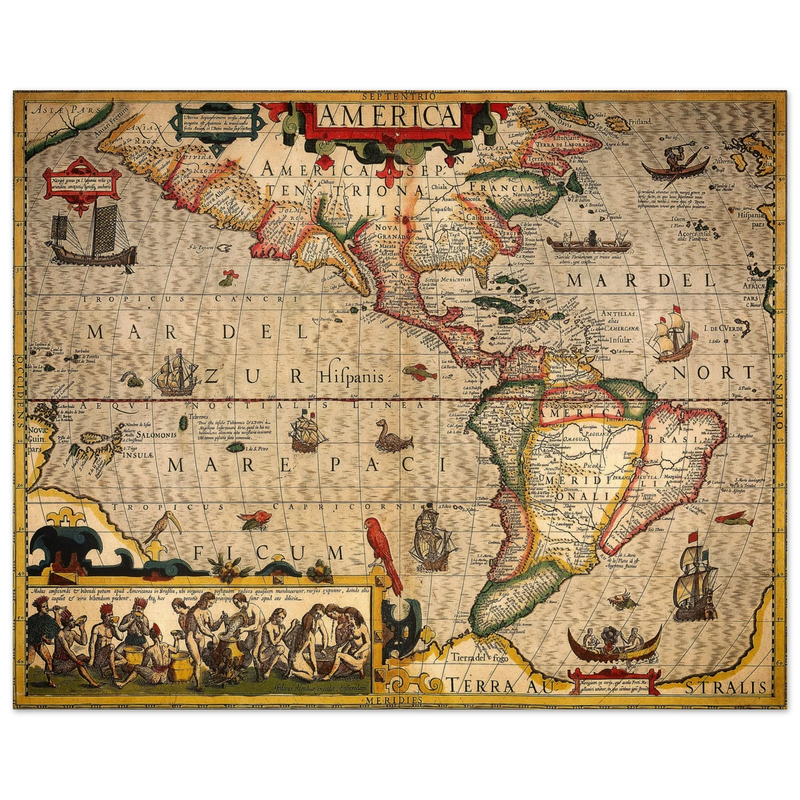 America old map print. Poster reproduction of the american continent year 1630 by Hendrik Hondius